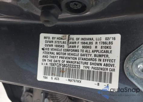 2016 Honda Civic Lx from USA, damaged, VIN 19XFC2F58GE033233